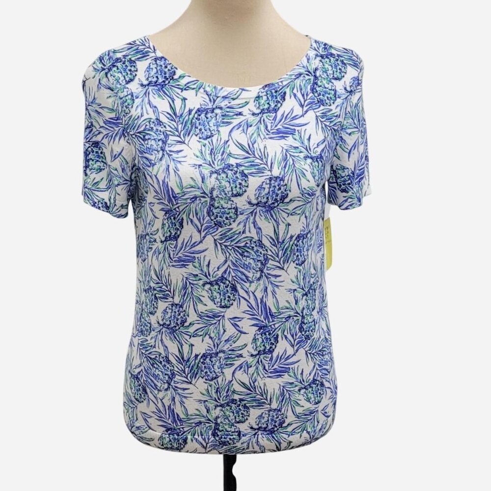 Talbots Petite Small Blue & White Floral Blouse Short Sleeve